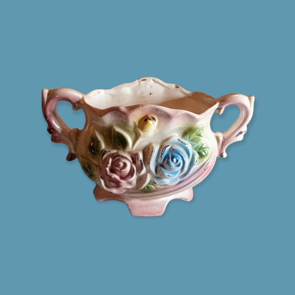 Vintage 2 Handle Rose Floral Ceramic Vase Planter